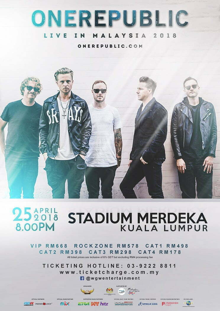 Dapatkan Tiket OneRepublic Live in Kuala Lumpur 2018 Mulai 23 Februari