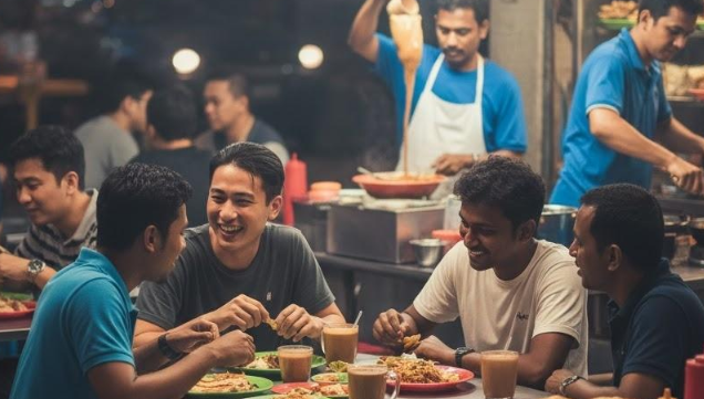 “Budaya makan lewat malam rakyat Malaysia di restoran mamak dengan roti canai dan teh tarik”